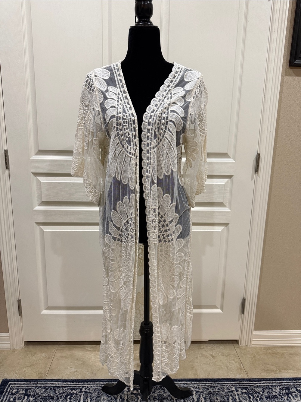 Ivory Crochet Lace Open-Front Duster Kimono